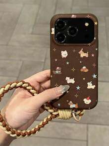 Dog 1pc Brown Puppy Pattern TPU Leather Texture Phone Case With Brown Fashionable Lanyard, Suitable For IPhone 17 Pro Max/16 Pro Max/13/15/16/15 Pro Max/17 Pro/14/11, Fashionable Leather Texture Lanyard Phone Protective Case - Brown - View 2