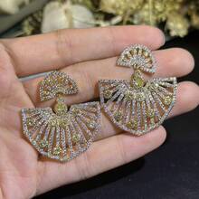1 Pair Bright Copper Zirconia Pendant Stud Earrings, Suitable For Party/Summer Date Outfit - Fan Cloud Pattern - View 4