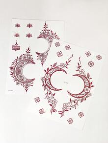 2pcs Maroon Temorary Tattoo Stickers - Sexy Moon & Floral Patterns For Foot & Hand, DIY Mehndi Design, Fake Tattoos, For Women Body Parties Makeup - Brown - View 9