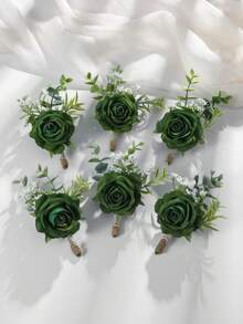 6 Stück/1 Stück Prinzessin Rose Blume mit weißer Schleierkraut und Künstlichen Grünpflanzen, romantische Ansteckblume für Bräutigam, Braut, Hochzeitsdekoration, Party, tägliches Tragen - Dunkelgrün - Übersicht 1
