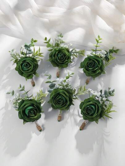 6pcs/1pc Princess Rose Flower With White Baby's Breath And Faux Green Plants, Romantic Boutonniere For Groom, Bride, Wedding Decor, Party, Daily Wear