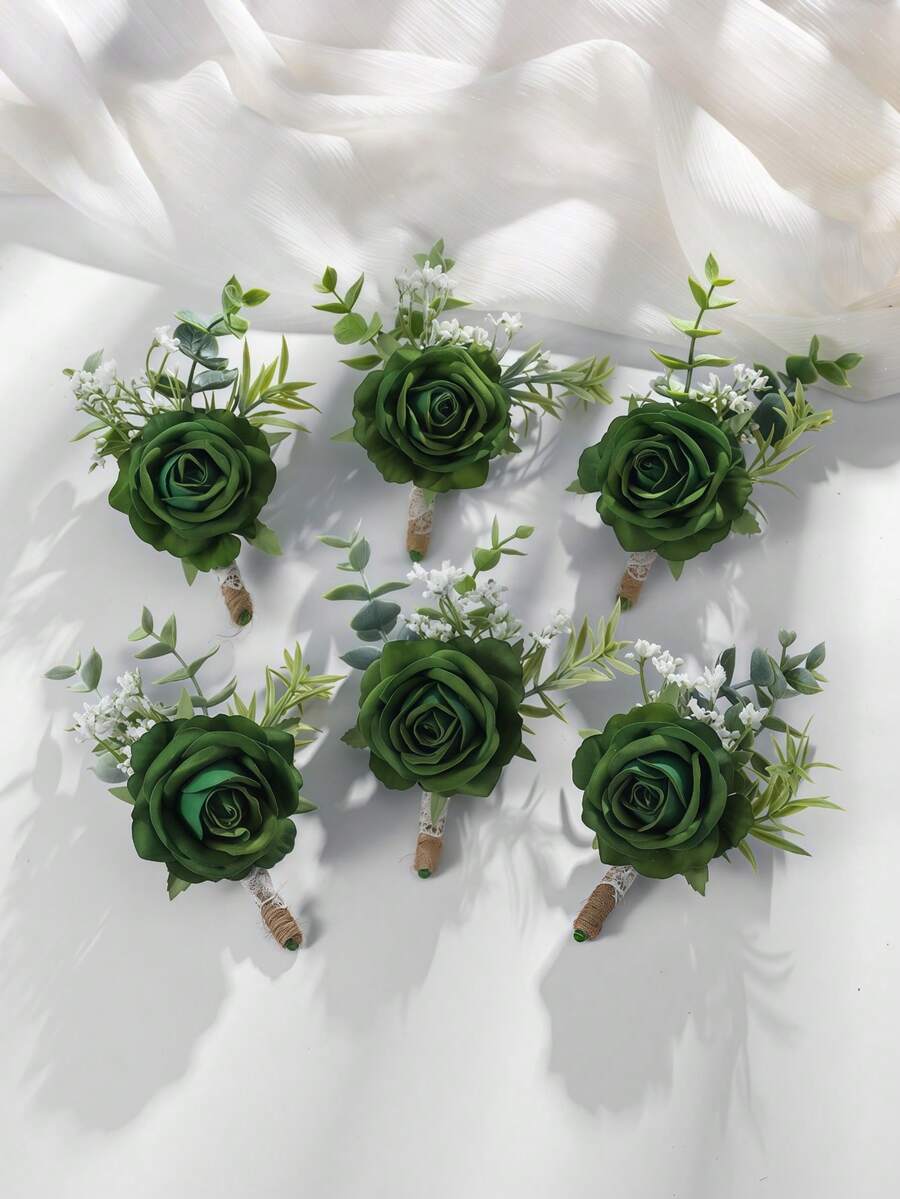 6 Stück/1 Stück Prinzessin Rose Blume mit weißer Schleierkraut und Künstlichen Grünpflanzen, romantische Ansteckblume für Bräutigam, Braut, Hochzeitsdekoration, Party, tägliches Tragen - Dunkelgrün - Übersicht 1