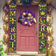 1Pair Gras Porch Banner Sign Purple Golden Carnival Front Door Decorative Hanging Welcome Banner Flag Masquerade Party Seasonal Decoration Home Outdoor Indoor Decor - Multicolor - View 5
