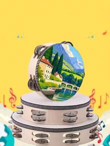 1pc Handheld Wooden Rattle Drum, Rhythmic Percussion Instrument, Single Row Metal Bells, Music Rattle Drum, Suitable For Parties And Karaoke (Drum Sticks Not Included) - Wood Color - View 8