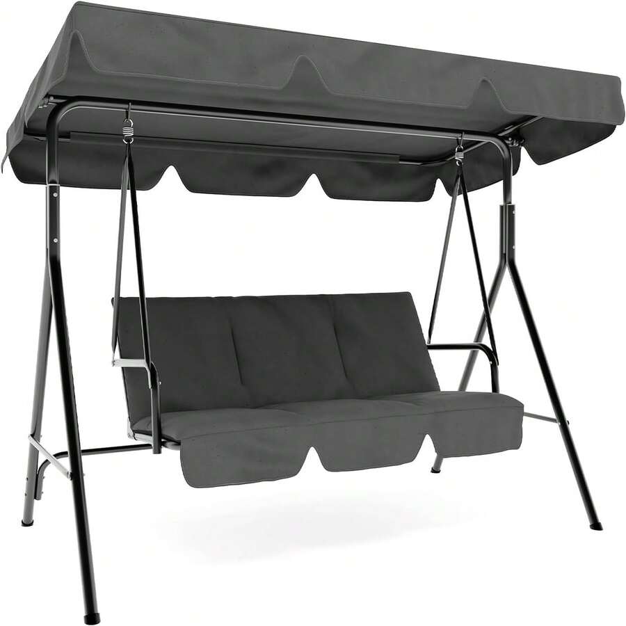 Silla Columpio para Jardín ¡Relájate! │ Banco Mecedor de 3 Plazas con Toldo Ajustable y Cojines Mullidos │ Estructura de Acero para Exterior │ Perfecto para Porche, Terraza o Patio - Gris 2 - Ver 1