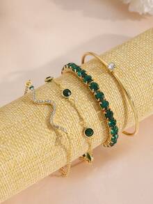 4pcs Luxury Geometric Square Crystal Snake Chain Bracelet Set, Women's Elegant Green Bangle Jewelry Set, Gift