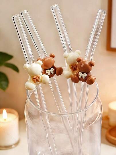 1 pieza/2 piezas Pajitas de vidrio resistentes al calor con decoración de oso, adecuadas para beber jugo, leche, café, bebidas frías, pajitas curvas, excelentes para volver a la escuela, regalos, Navidad, San Valentín, Año Nuevo, cumpleaños, elegante set de regalo