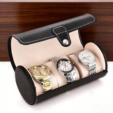 全新手工奢华 PU 皮革圆形旅行手表盒，防尘手表收纳展示礼品盒，PU 皮革首饰盒返校，便携式紧凑型圆形旅行盒，带天鹅绒衬里可拆卸垫子和软垫盖，拉链可锁设计，男女通用，多槽收纳盒，用于手表、手链、戒指和小配件，优雅的礼品包装，非常适合节日礼物圣诞节、万圣节、感恩节、网络星期一、圣诞袜、生日、周年纪念日和返校必备品，轻巧耐用的防刮旅行收纳盒，适合家庭展示和随身携带