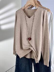 V-Neck Loose Knit Sweater, Soft & Relaxed All-Match Style, Versatile For Spring/Autumn Daily Wear & Commuting - Khaki - View 1