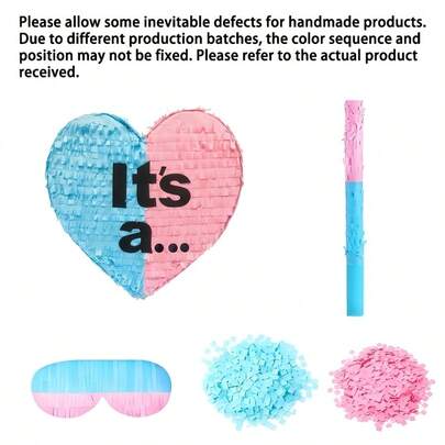 5件套心形皮纳塔，性别揭晓主题皮纳塔，适用于性别揭晓派对、派对装饰、趣味皮纳塔装饰、拍照道具，适合各种派对，包含球棒、眼罩、蓝色和粉色彩纸屑。