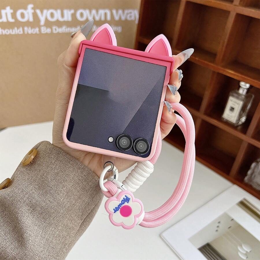 Cute Gradient Pink Cat Ears Phone Case With Pink FFlower Anti-Lost Strap Compatible With Samsung Galaxy ZFlip7 Z Flip6 ZFlip 5 Zflip6 Zflip5 Shockproof Back Cover - Màu hồng chuyển sắc - Xem 1