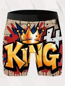 1Pc Men's King Graffiti Boxer Underwear With "KING" Crown Print & Graffiti Lettering Stretch Soft Polyester Boxer Briefs Valentines Gift Breathable Briefs Boxers Minimalist Comfort Boxer Underwear Christmas Birthday Anniversary New Year Gifts Wedding Gift For Men Boyfriend Husband - King - 查看 1