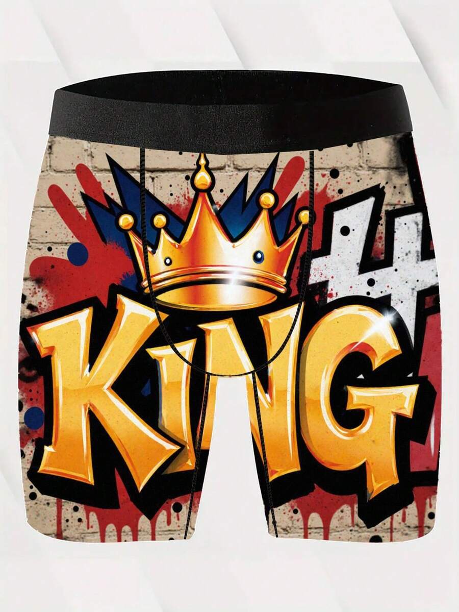1Pc Men's King Graffiti Boxer Underwear With "KING" Crown Print & Graffiti Lettering Stretch Soft Polyester Boxer Briefs Valentines Gift Breathable Briefs Boxers Minimalist Comfort Boxer Underwear Christmas Birthday Anniversary New Year Gifts Wedding Gift For Men Boyfriend Husband - King - 查看 1