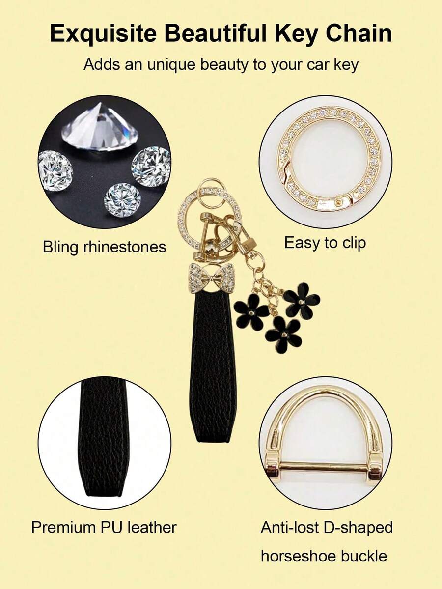 Crystal Bow Flower Keychain Pendant, Luxury Women's Car Key Accessory, Elegant PU Leather Fashion Keyring Gift - Keychain - View 1