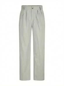 Men's Linen Pants Solid Color Pleated Mid Waist Straight Leg Casual Trousers With Pockets For Daily Office - 灰 - 查看 5
