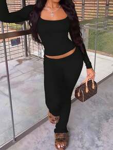 Onicee 女士夏季加大码黑色方领褶皱长袖上衣和裤子套装，适合狂欢节、约会、聚会、派对、旅行、度假、海滩等场合。 - 黑色 - 查看 2