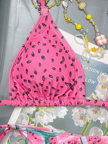 New Sexy Elegant Watermelon Print Adjustable Tie Back Bikini Swimsuit Set, Fashionable For Beach, Travel, Holiday, Party, Spring/Summer - Multicolor - View 5