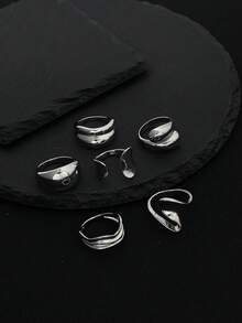 6pcs Asymmetrical Liquid Silver Smooth Rings, Unique Minimalist Water Drop Rings For Women - Silver - View 3