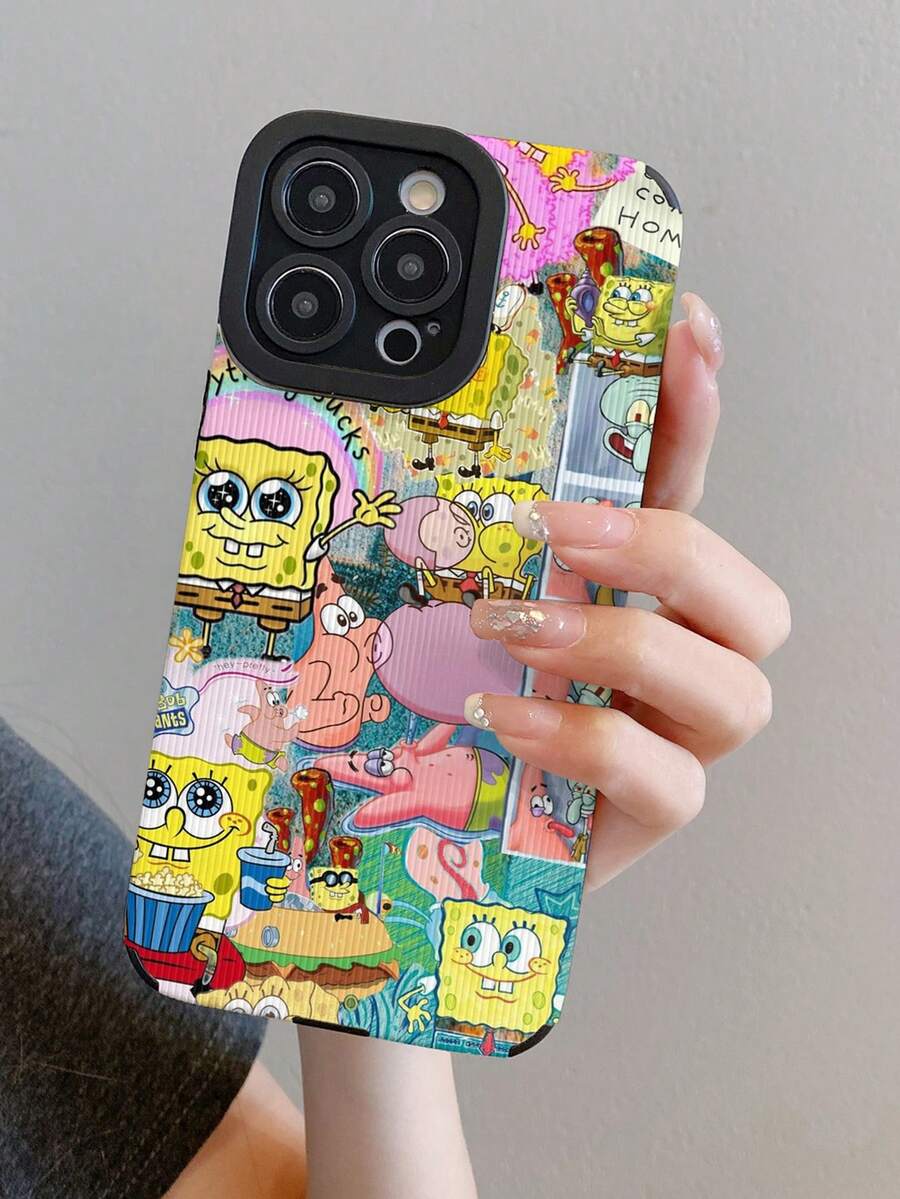 1pc Cartoon Creative Spongebob Squarepants Family Burger Patchwork Striped Protective Phone Case, Suitable Compatible With Samsung/Apple 17/16/15/14/13/12/11Pro Max/12Pro/14Plus And Other Models - Multicolor - View 1
