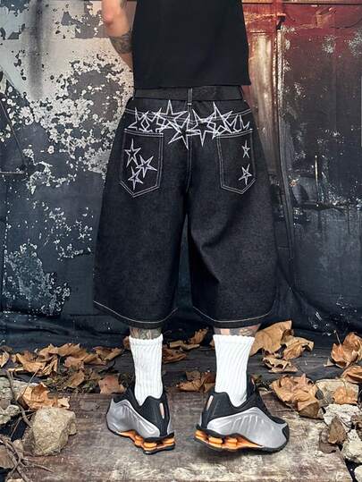 1件男士Y2K黑色复古星形装饰牛仔短裤，宽松阔腿撞色缝线短裤，适合嘻哈装扮，多种尺码可选（不含腰带和配饰）