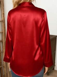 Top de Cetim com Lapela da Moda Feminina, Manga Longa Solta Drapeada Casual Elegante para Uso Diário no Verão - Vermelho - Visão 2