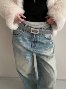 1pc Women's Black & White Shiny Sequin PU Leather Belt - Black and White - View 2