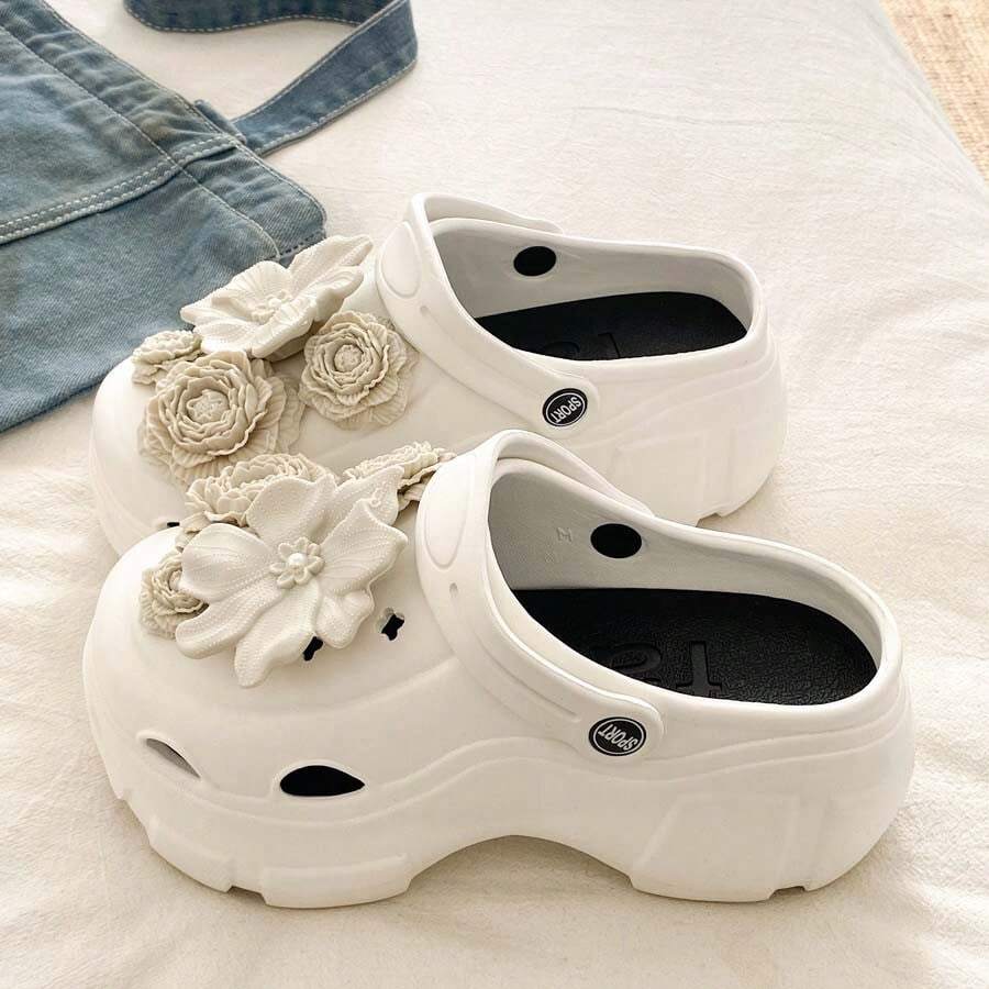 2026 New Summer Thick Sole Peep Toe Sandals Women, Slip-On Faux Pearl Flower Sweet Casual Vacation Commute Clogs