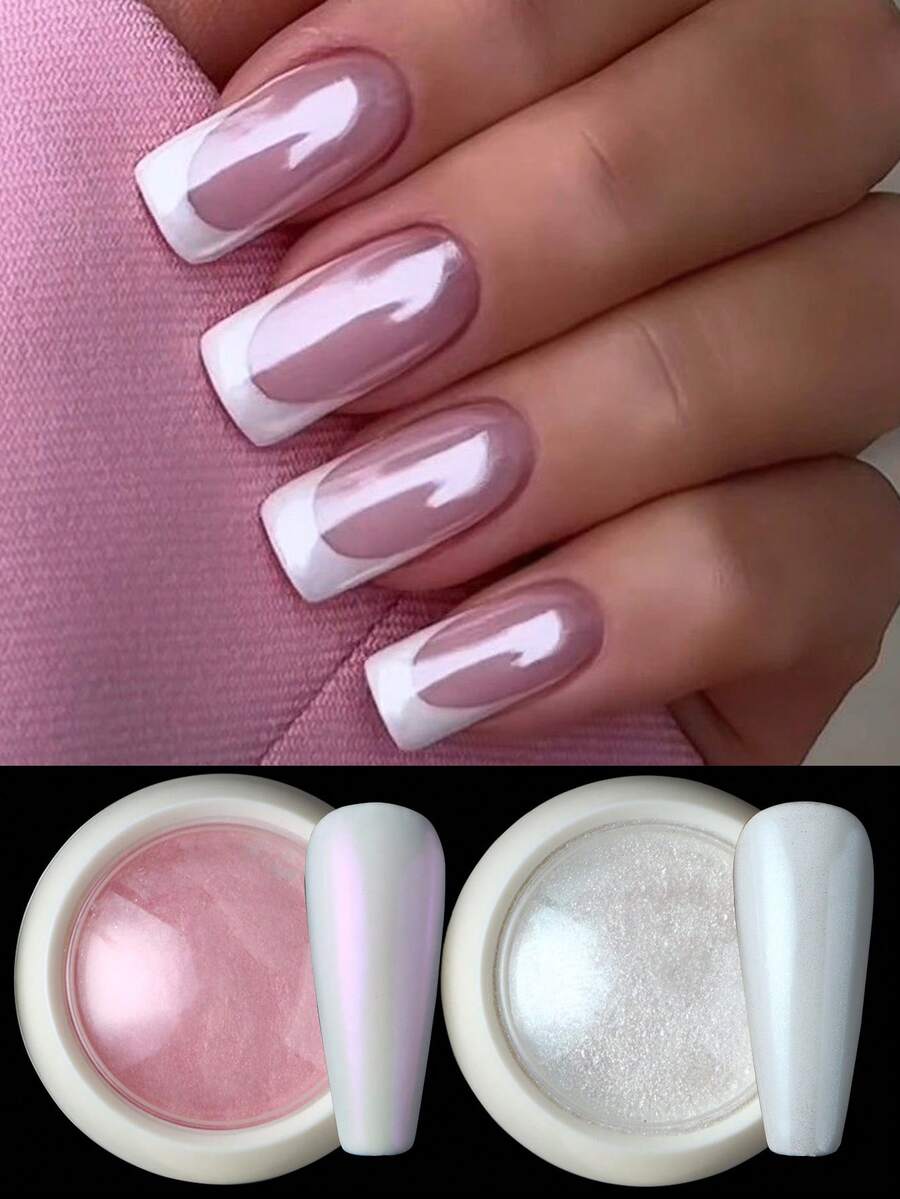 2 Farben Aurora Weiß Rosa Nagelpulver Y2K Ästhetik Fairy Perle Schimmer Spiegel Rubbing Pigment Gel Lack DIY Rubbing Flake Maniküre Deko - Verschiedenfarbig - Übersicht 1