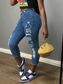 Pantalones vaqueros de cintura media con rotos y flecos 7/10, ajustados elásticos estilo chic para salir de fiesta, citas y looks de en verano - Azul lavado medio - Ver 6