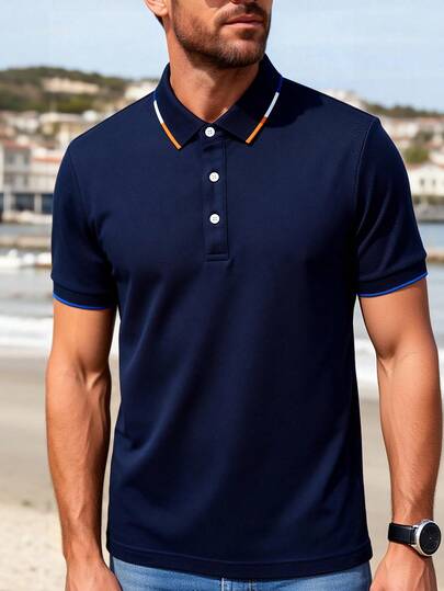 Áo polo nam tay ngắn mùa hè, cổ áo phối màu tương phản, màu trơn, phù hợp cho các dịp thường nhật, công sở và đi làm.