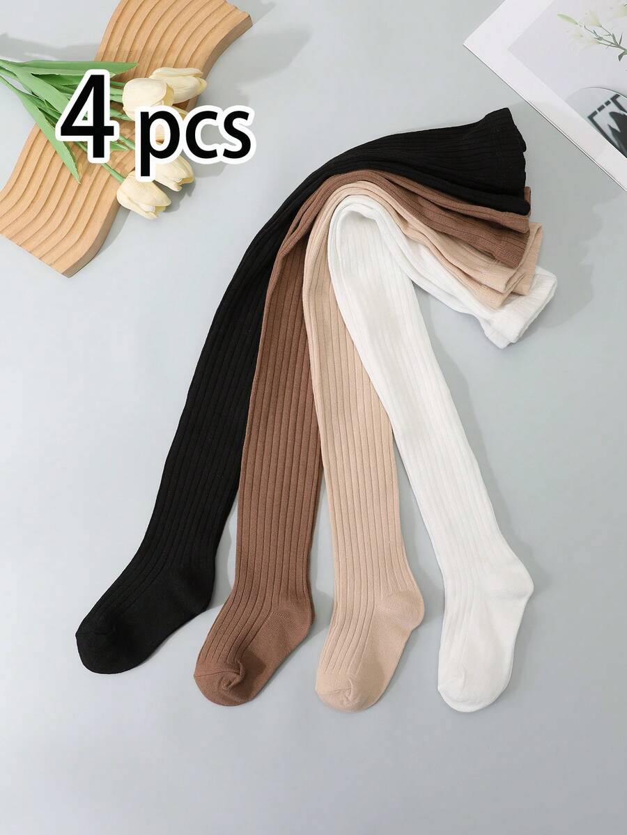 4 Pairs Girls Thick Stripe & Solid Color Leggings, All-Match Colors For Daily Matching, Suitable For Girls In Spring, Autumn And All Seasons
