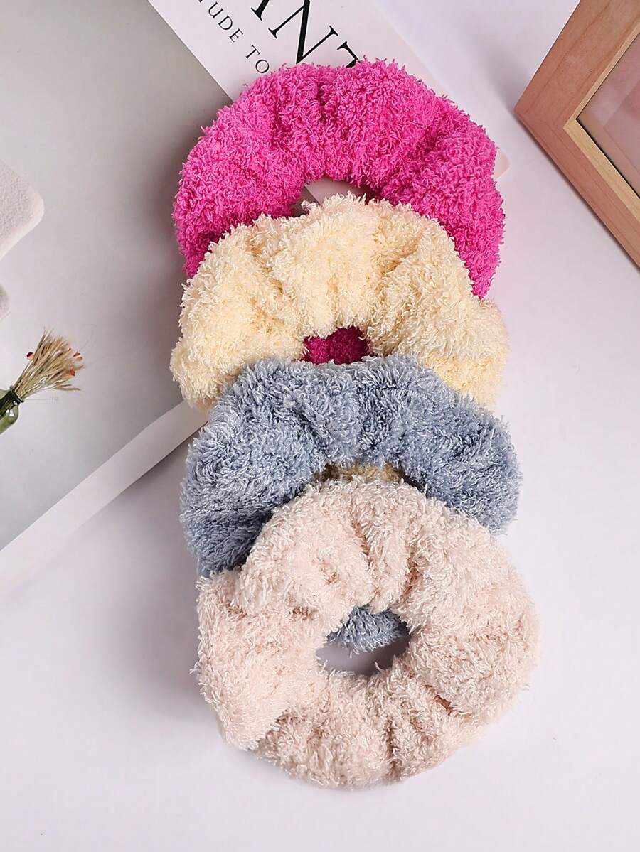 4个纯色多功能毛绒发圈，女士冬季款 - 彩色 - 查看 1