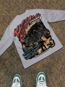 Y2k Astronaut Art Punk Long Sleeve Shirts ,Sky Double-Sided Printing,Christmas Style Graphic T Shirt Cotton,Fashionable Hip-Hop For Men -  Long Sleeve T-Shirts, Funny Vintage Shirts,Regular Fit, Street Style, Digital Print,  Ideal Gift - 淺灰色 - 查看 3