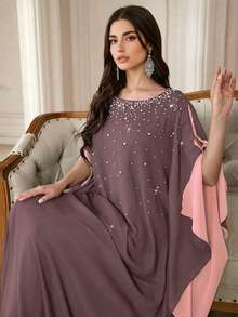 Women's Round Neck Contrast Color Design Pearl Detail Soft Comfortable Long Arabic Abaya, Suitable For Festivals, Daily Wear And Multiple Occasions Spring - Redwood - View 2