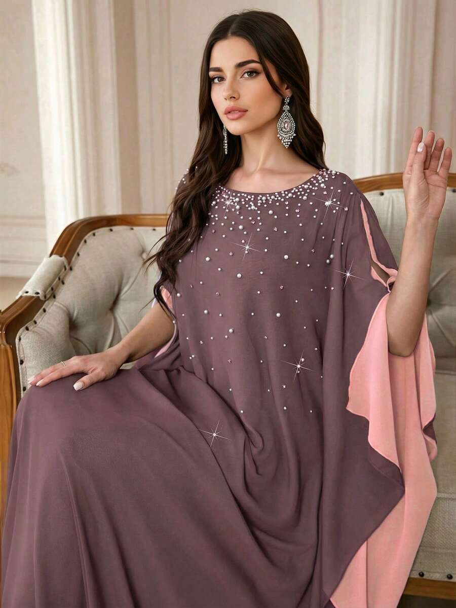 Women's Round Neck Contrast Color Design Pearl Detail Soft Comfortable Long Arabic Abaya, Suitable For Festivals, Daily Wear And Multiple Occasions Spring