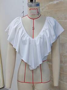 Women Y2K Ruffled V Neck Crop Top Frill Trim Tie Back Summer Going Out Top Vintage Boho Blouse Shirt Streetwear - 白色 - 查看 7