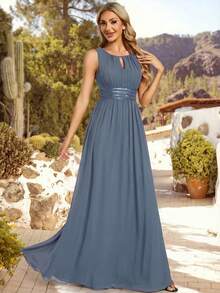 EVERPRETTY Romantic Chiffon Backless Ruffle Detail Dusty Blue Bridesmaid Dress, Spring Summer Wedding Guest Semi Formal Dresses