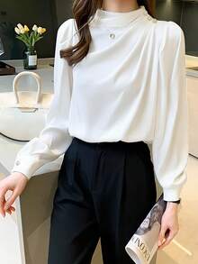 女士休闲通勤衬衫，立领，褶裥设计，公主袖，春秋季白色 - 白色 - 查看 5