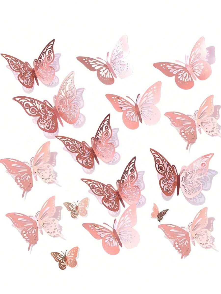36片3D蝴蝶墙贴，3种尺寸，蝴蝶装饰，适用于派对、礼物、花束、蛋糕装饰、插花、房间装饰（粉色，H型胶随机）
