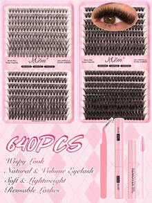 640片D型卷翘蓬松假睫毛套装，包含睫毛胶、镊子、睫毛刷、放大睫毛，轻盈可重复使用，大容量单根假睫毛，柔软自然的混合睫毛，打造3D立体浓密眼妆。 - 彩色 - 查看 12