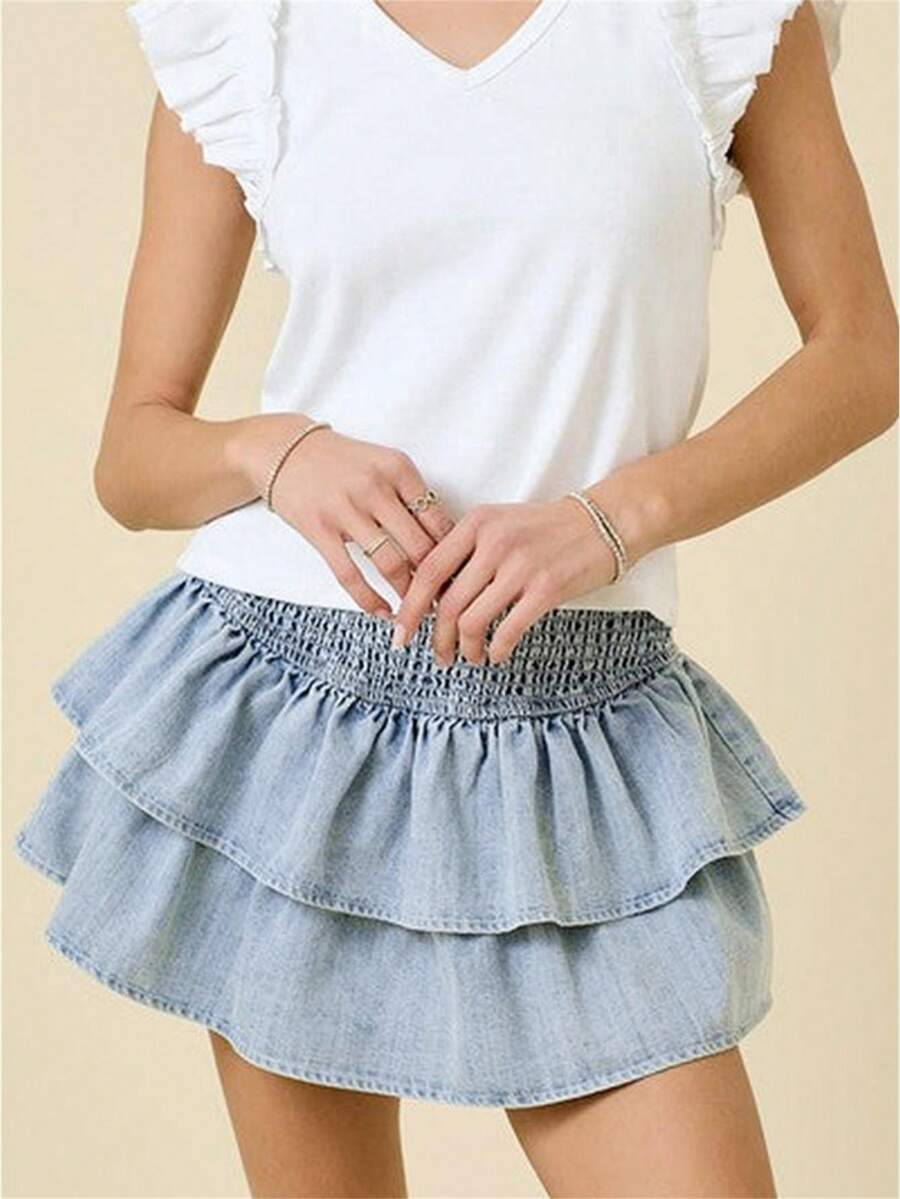 Women's Tiered Ruffled Denim Skirt Solid Color High Rise Mini A Line Jean Skirt Streetwear - Light Blue - View 1