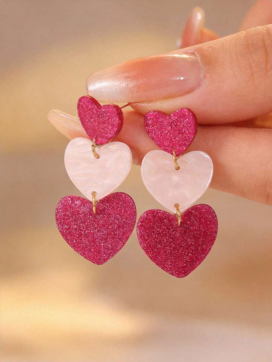 一对女士情人节梦幻闪亮粉色心形耳环，浪漫可爱，适合情人节、母亲节等场合，可作为礼物 - 彩色 - 查看 1