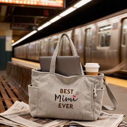 Bolsa Tote de Veludo Cotelê Feminina | Melhor Bolsa de Ombro e Transversal "Mimi de Sempre", Presente Perfeito para o Dia das Mães, Aniversário da Avó, Dia de Ação de Graças, Dia dos Namorados, Dia da Mulher, Ramadã e Ano Novo | Versátil para o dia a dia, compras e viagens, Estilosa e Moderna