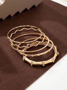 5pcs Minimalist Alloy Bamboo Knot Rhinestone Inlaid Multi-Layer Thin Bangle Bracelet Set, Versatile Stacking - Yellow Gold - View 3