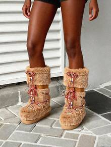 Faux Fur Boots For Women Winter Snow Boots Platform Lace Up Round Toe Boots Warm Snow Shoes Fluffy Winter Boots - 駝色 - 查看 4