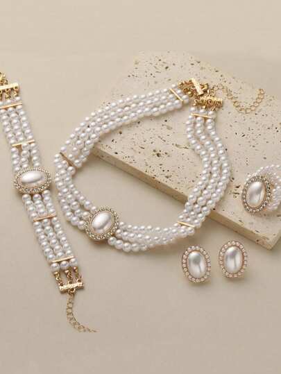 5pcs Set Vintage Elegant High-End Alloy Pearl & Full Rhinestone Multi-Layer Necklace, Bracelet, Earrings Women Jewelry Set Gifts