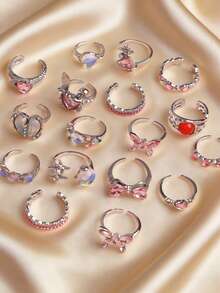 10件/套 时尚Y2K粉色水钻女孩戒指套装 可爱蝴蝶结手指饰品 派对日常朋友礼物配饰 - 粉紅色水鑽銀尾戒 - 查看 5