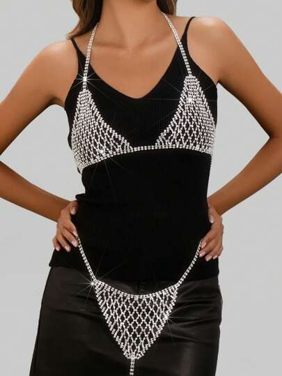 1 pieza Sujetador de malla sexy y cadena de shorts, Bikini con cristales brillantes para mujer para la playa, discoteca, actuación