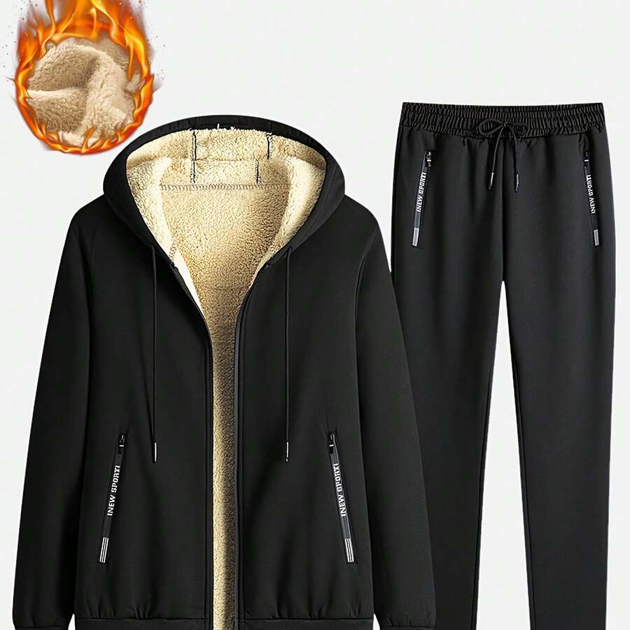 2pcs Men's Classic Sportswear Set: Fleece-Lined Hoodie And Joggers - Gym, Running & Casual Wear, Winter Outerwear Set With Plush Lining, Polyester Fabric, Stand Collar, Pockets, Regular Fit, Knit. Classic Men's 2pcs Athletic Set With Lining, Full-Zip - 黑色 - 查看 1