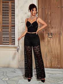 Women's Elegant Sexy Straight Leg Paisley Print Solid Color Lace Hollow Out High Elastic Waist Pants, Suitable For Evening Date, Holiday, Stage Performance And Concert Vacation Black Spring - Black - View 4